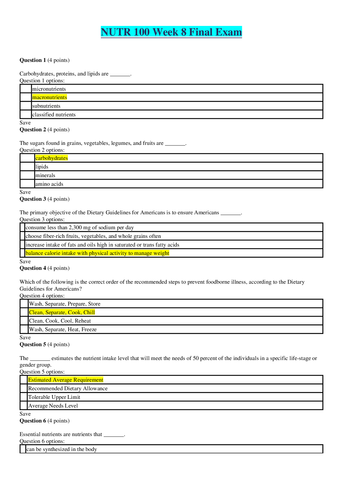 Preview of NUTR 100 Week 8 Final Exam. Questions And Answers. (Latest 2020/21)